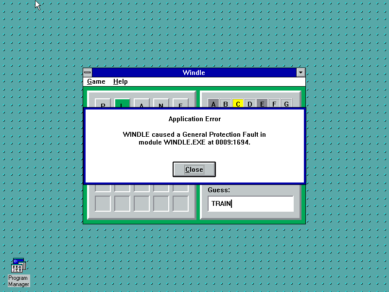 Screenshot showing General Protection Fault in Windle