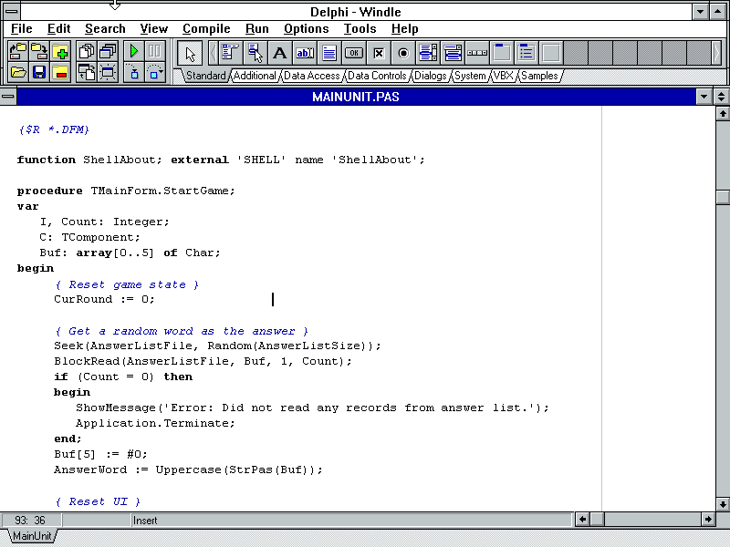 Screenshot showing code editing in Delphi