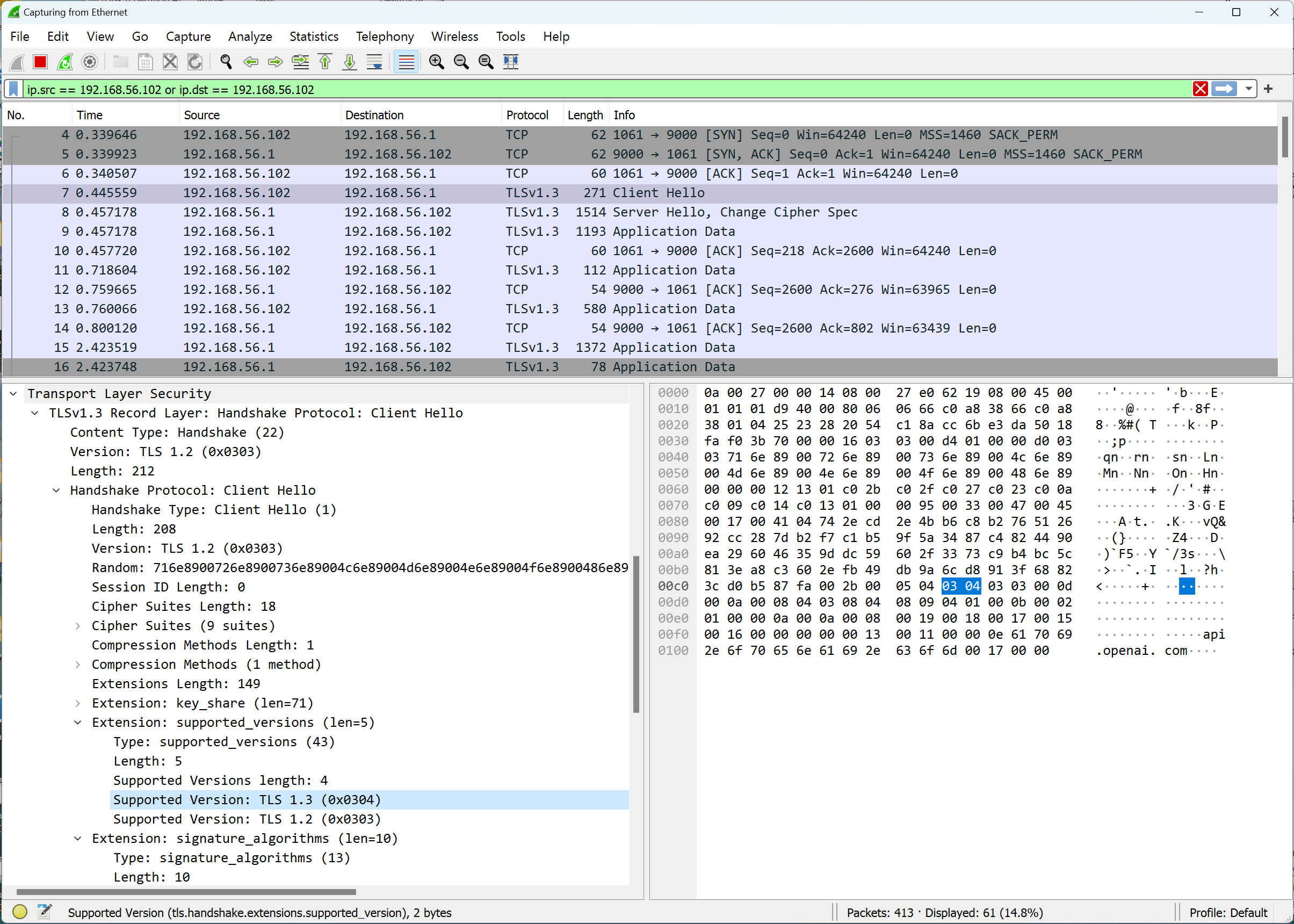 Screenshot of Wireshark showing WinGPT connecting using TLS