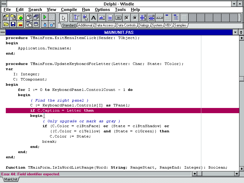 Screenshot showing confusing compiler error in Delphi