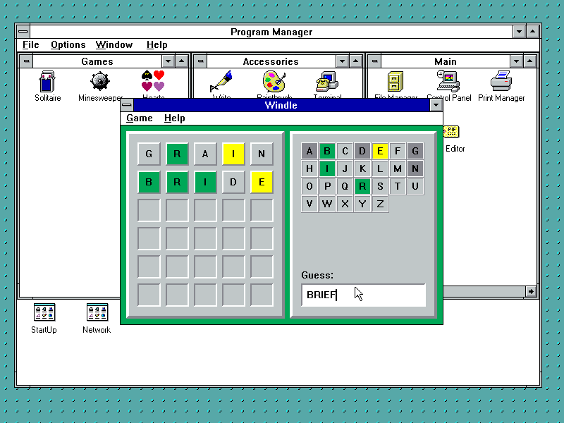 Screenshot of Windle running on Windows 3.11 for Workgroups
