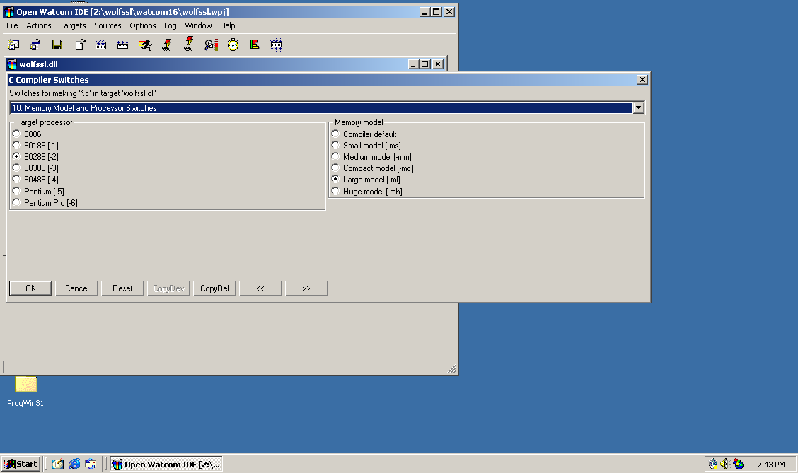 Screenshot of Open Watcom Compiler Options dialog