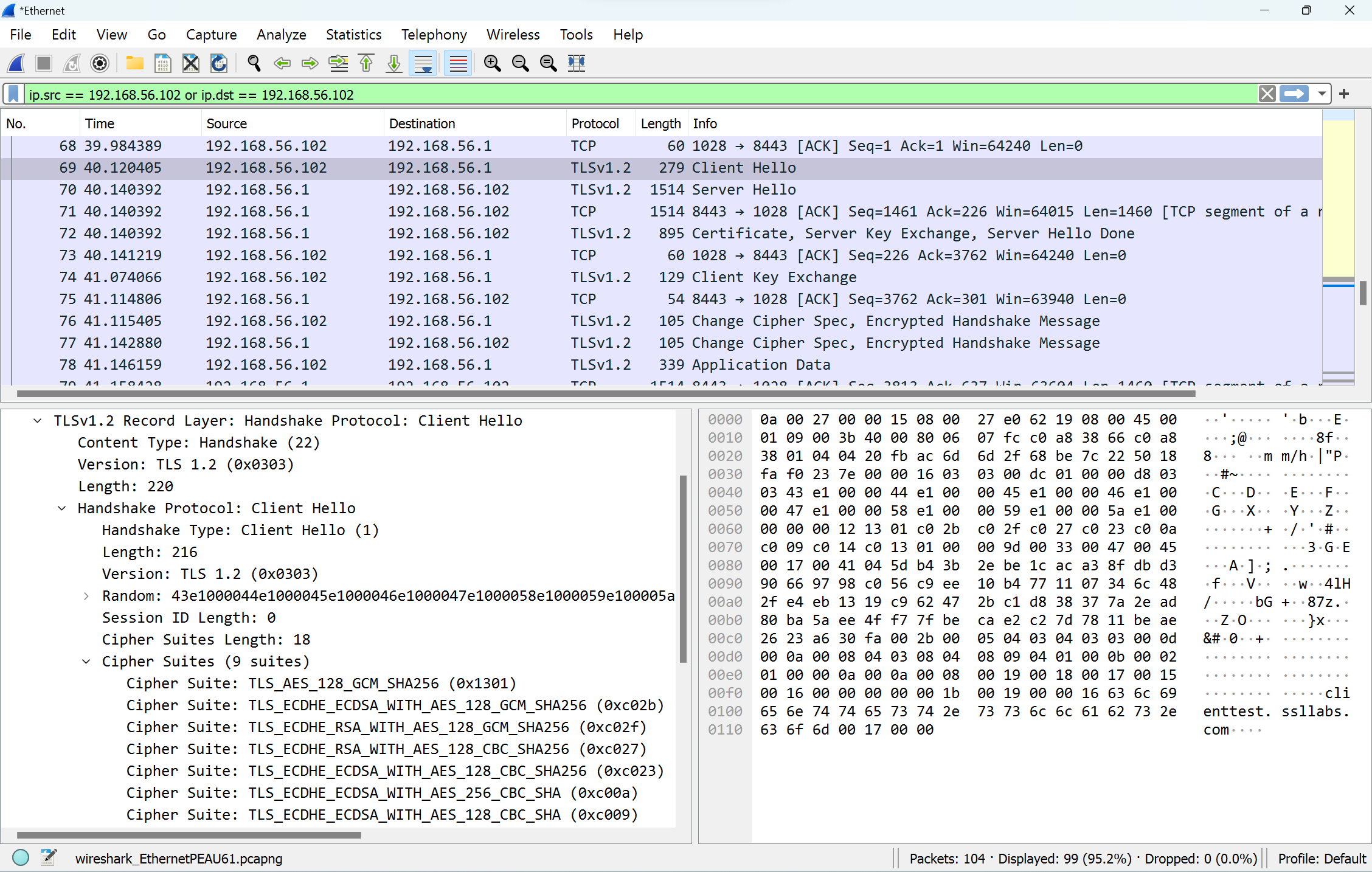 Screenshot of Wireshark showing Client Hello message